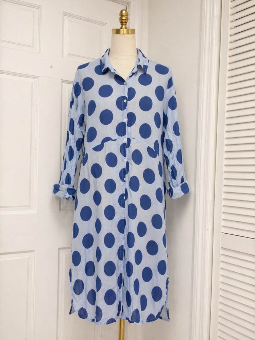 Polka Dot Asymmetrical Shirt Dress - Blue